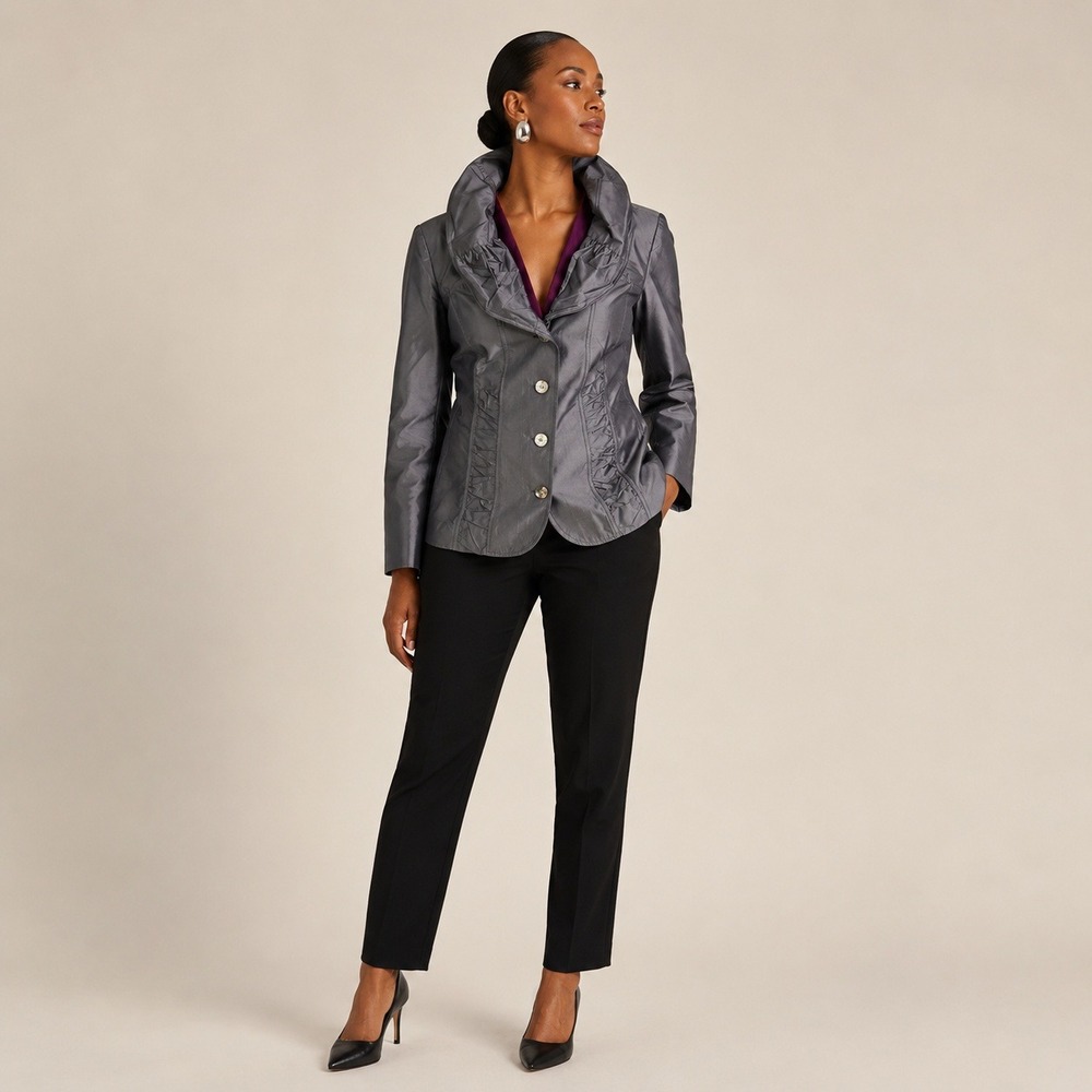 Renfrew Collection 100% Silk Blazer Jacket Wired Collar Gray USA 12 9042-PS